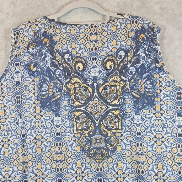 Catherines Womens 26 Blue  Yellow geometric Top With Embellished Beachy Casual - Picture 7 of 10